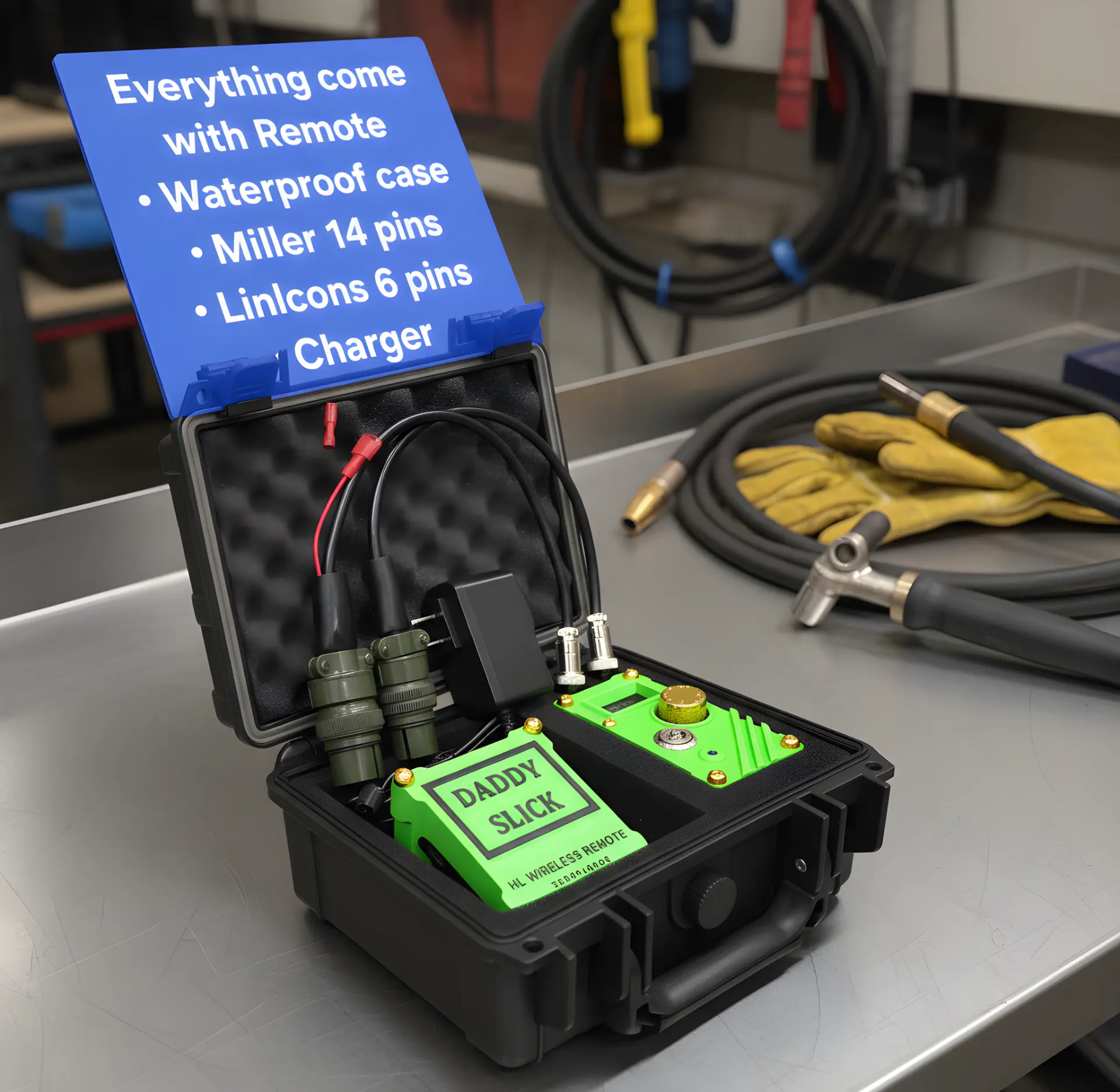 HL Wireless Remote kit in waterproof case with Miller 14-pin, Lincoln 6-pin adapters and charger