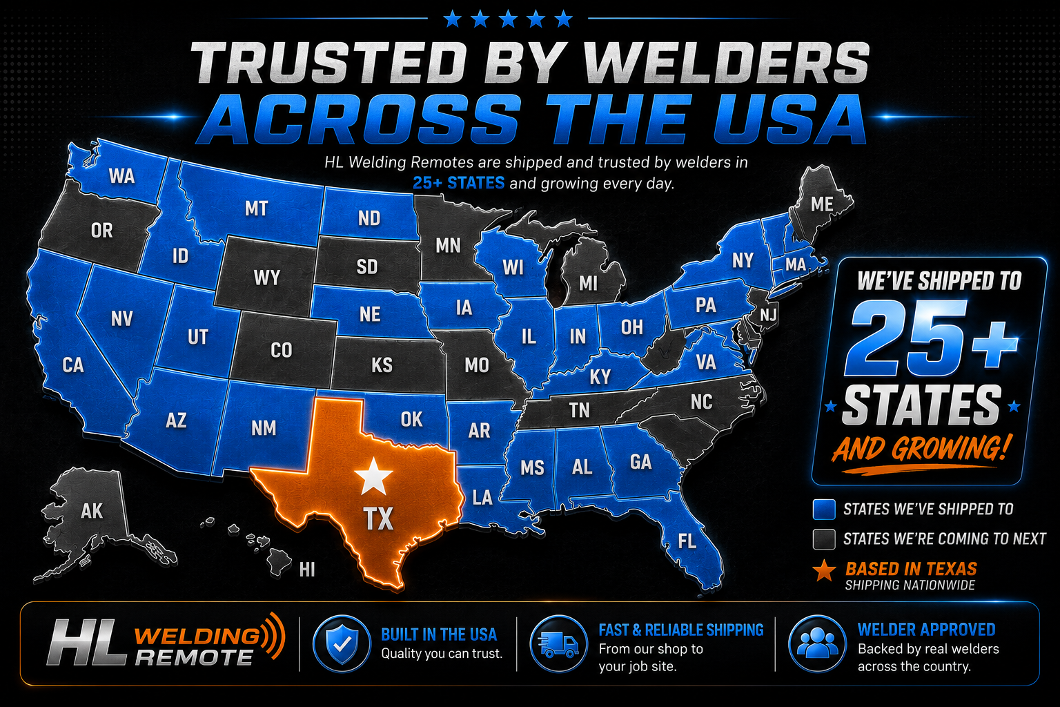 Trusted by welders across the USA — HL Welding Remote shipped to 25+ states
